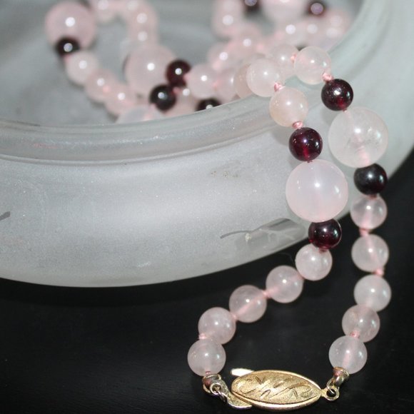 Jewelry - Rose Quartz and ruby red strand of beads with gold vintage clasp.
